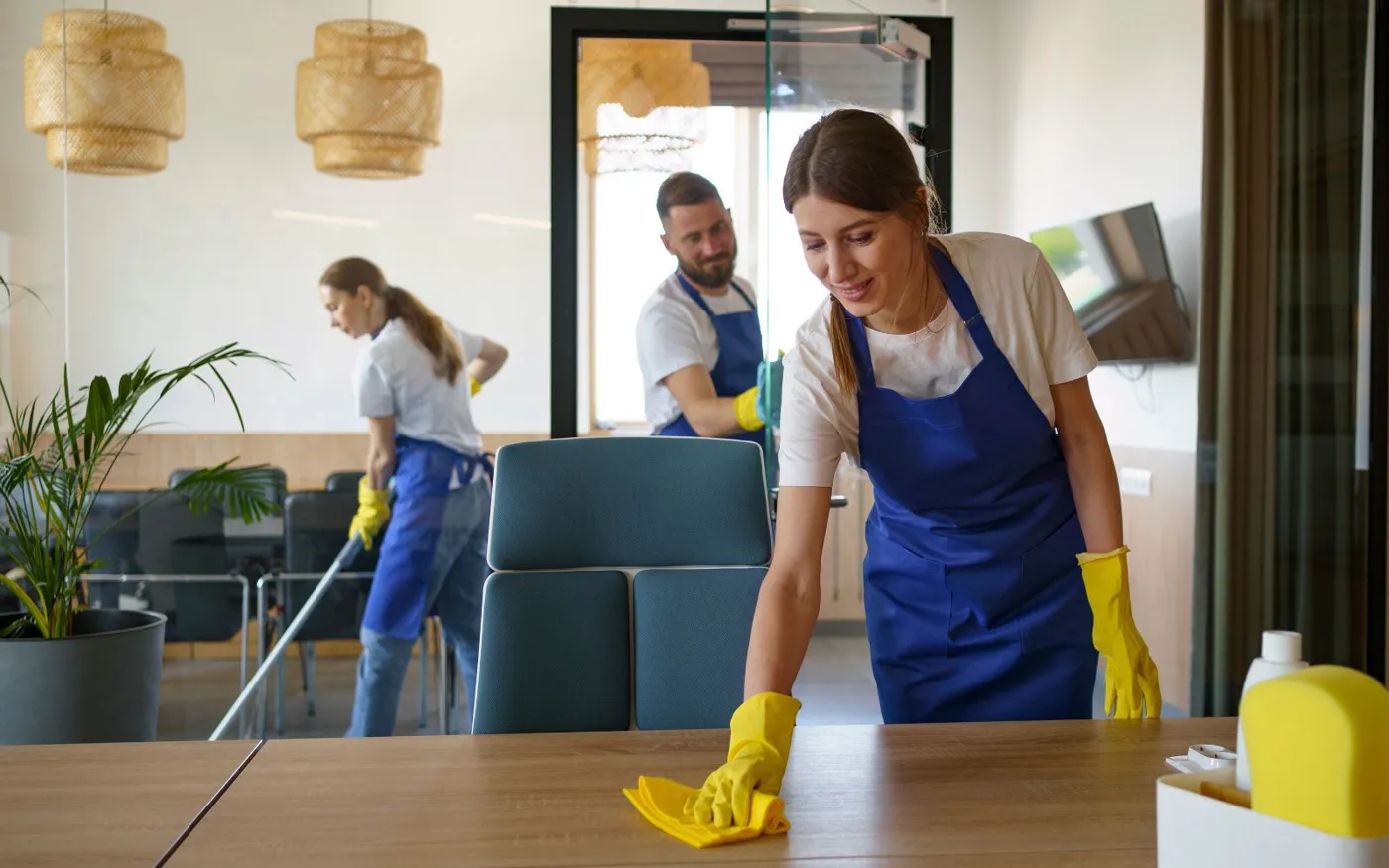 Two cleaners working together on a deep clean
